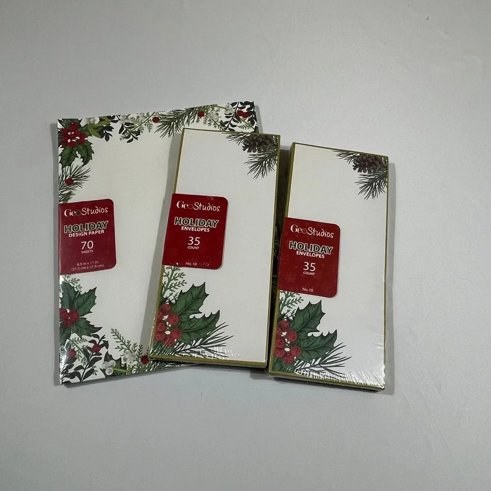 GeoStudios Holiday Stationery Set Vintage Holly 70ct Paper 70ct Env